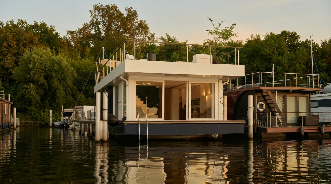 White Cube houseboat at golden hour on the Berlin Havel